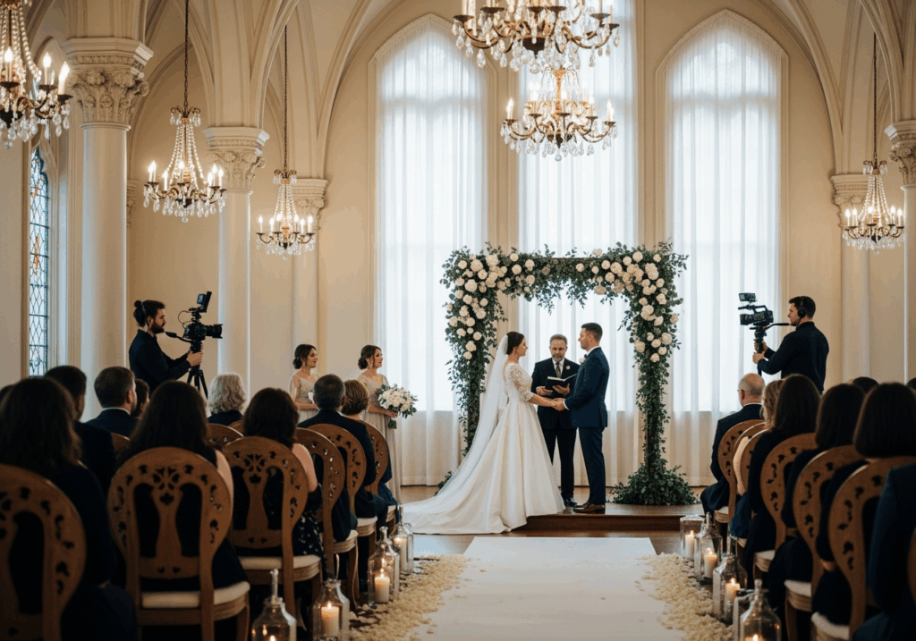 A bride and groom in elegant wedding attire stand together at a luxurious Pennsylvania estate, surrounded by lush floral arrangements and soft golden lighting. A professional photographer captures the romantic moment, highlighting the refined, high-end, and timeless atmosphere of the celebration. The background features rolling hills and classic architecture, evoking exclusivity and documentary-style wedding photography.