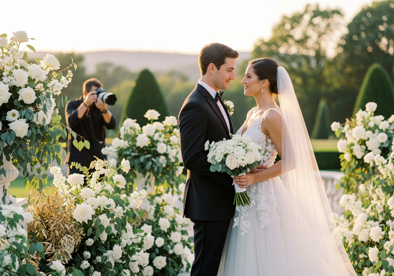 A bride and groom in elegant wedding attire stand together at a luxurious Pennsylvania estate, surrounded by lush floral arrangements and soft golden lighting. A professional photographer captures the romantic moment, highlighting the refined, high-end, and timeless atmosphere of the celebration. The background features rolling hills and classic architecture, evoking exclusivity and documentary-style wedding photography.