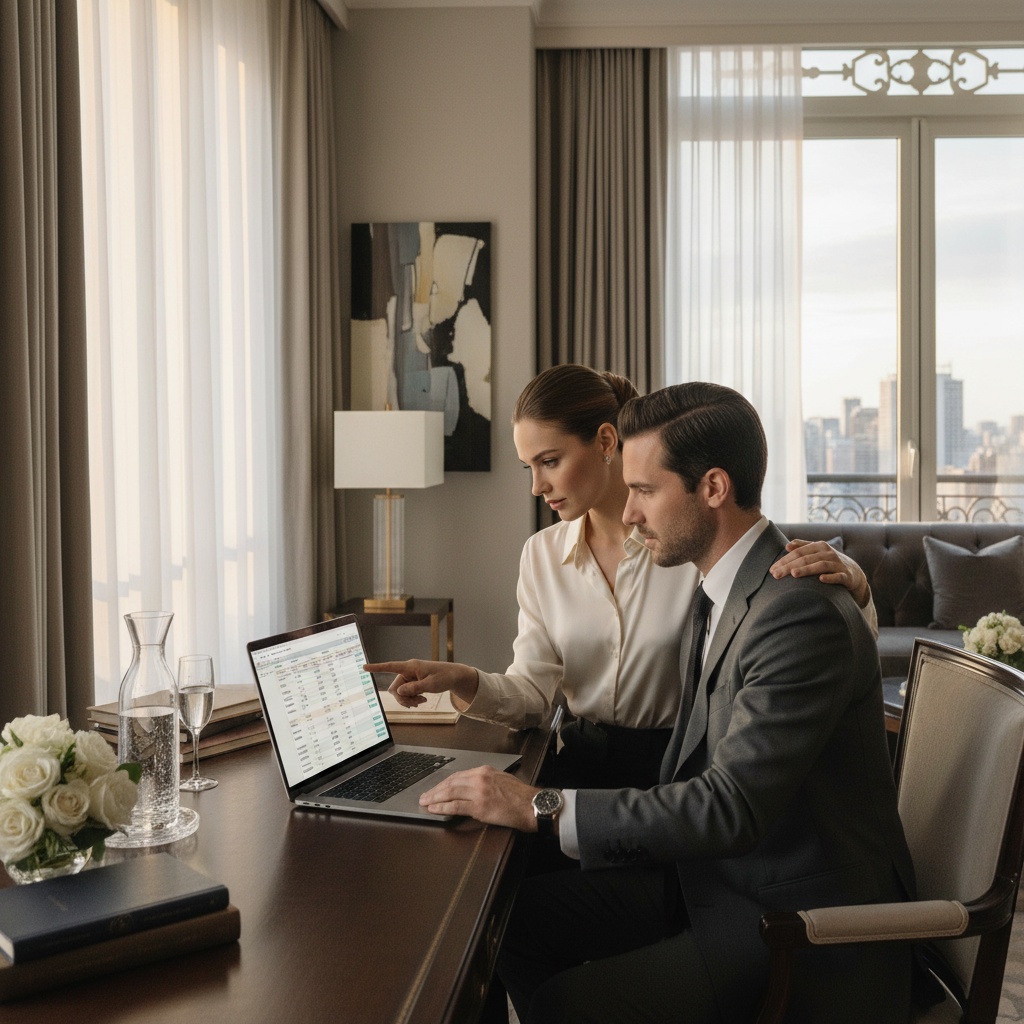 Elegant, sophisticated couple reviewing wedding budget on a sleek laptop in a luxurious setting with tasteful decor.