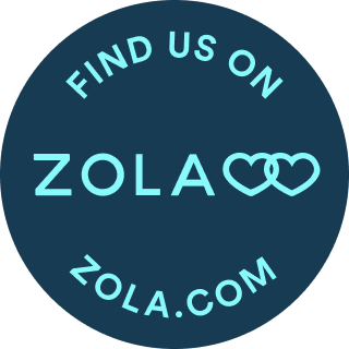 Zola logo featuring "Find Us on Zola.com," promoting Amore Photo & Video's wedding photography services.