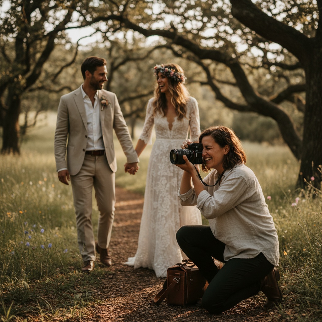 Natural candid wedding photographer interacting with a couple in soft natural light, relaxed and authentic moments