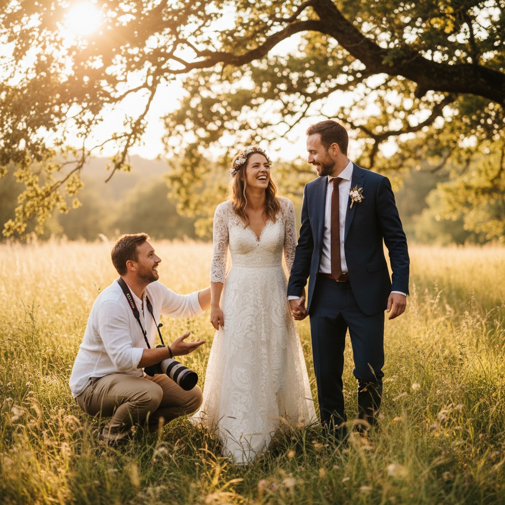 Natural candid wedding photographer adjusting camera while capturing a couple, genuine and relaxed style