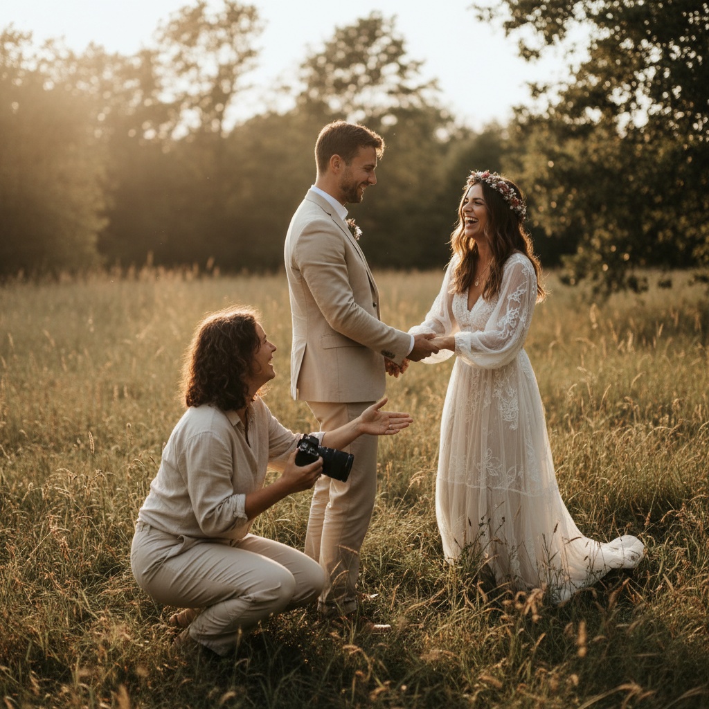 Natural candid wedding photographer capturing genuine moments with a bride and groom, soft natural lighting