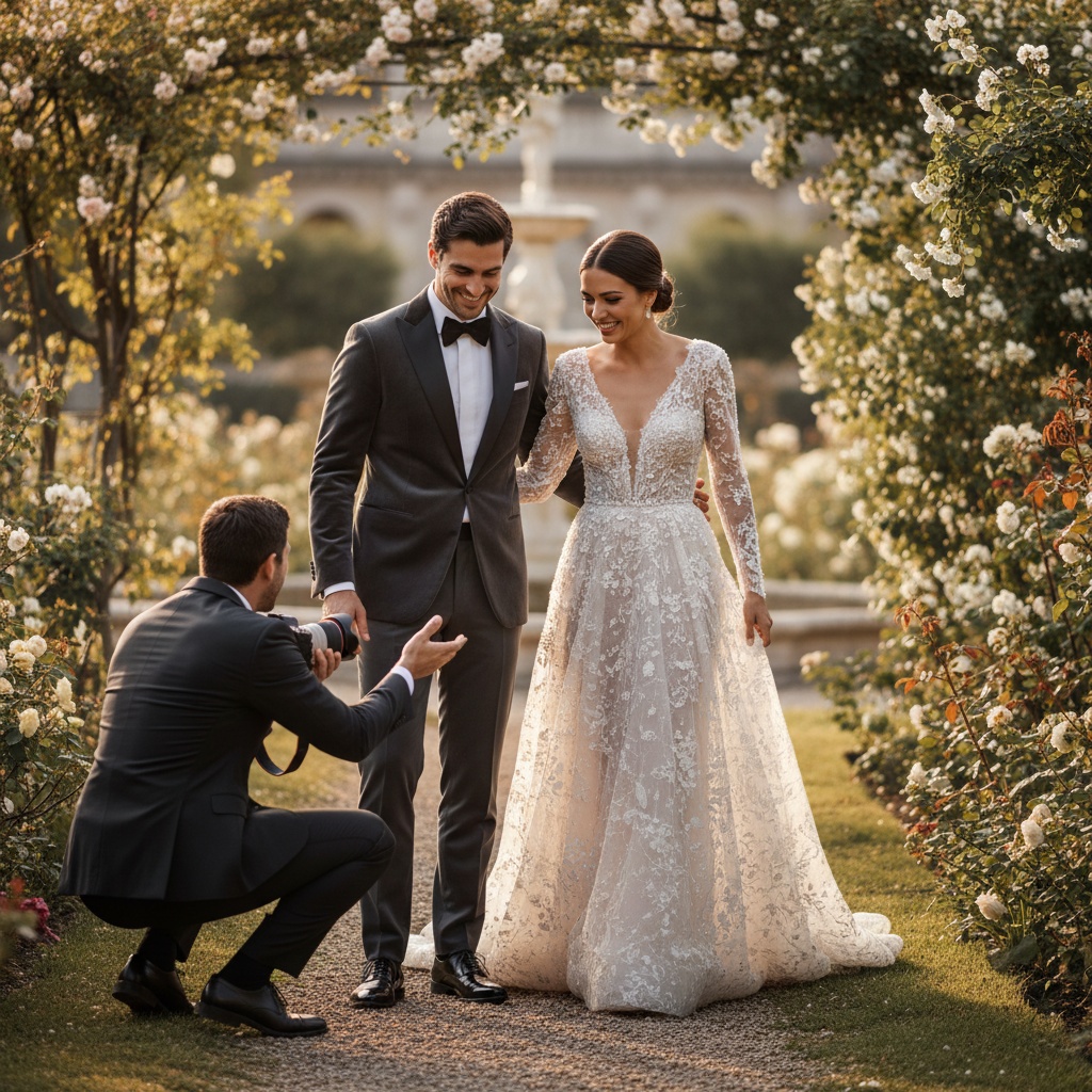 Luxury wedding photographer capturing a stylish couple in soft natural light, elegant and authentic atmosphere.