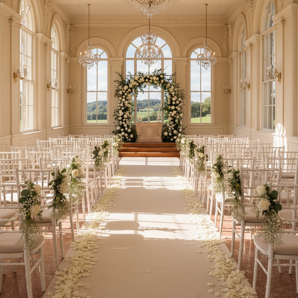 Elegant, sunlit wedding venue viewed from the entrance, with floral arrangements, white chairs, and a romantic aisle leading to an altar.