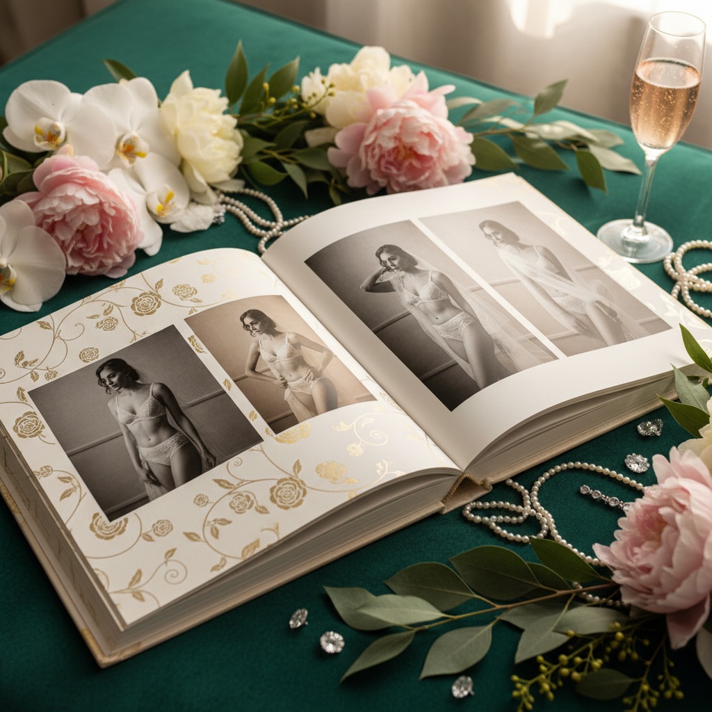 Luxurious bridal boudoir photo album open on a velvet surface with elegant floral accents and soft lighting