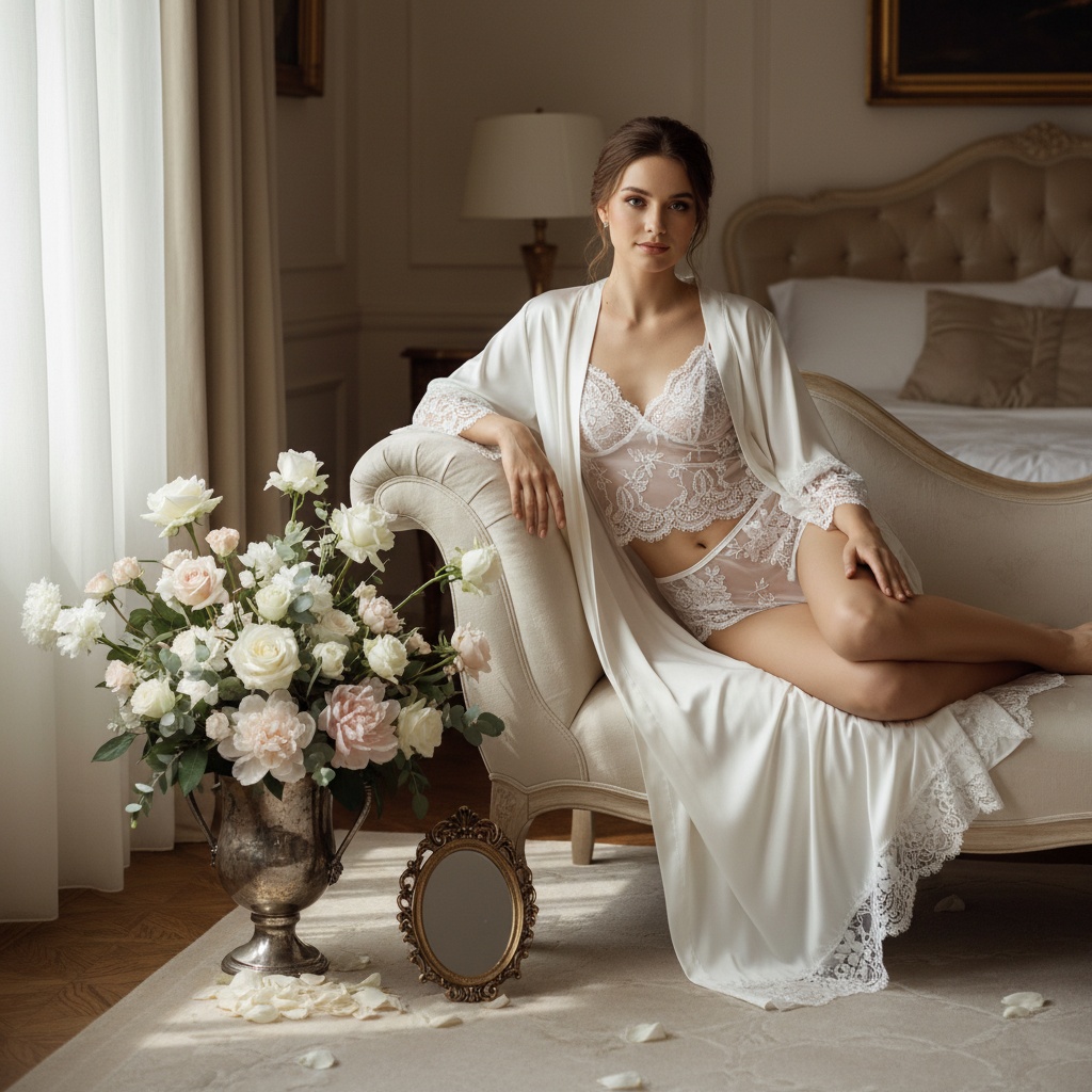 Elegant and sophisticated bridal boudoir lingerie feature image with delicate lace, silk fabrics, soft natural light, and luxurious floral accents.
