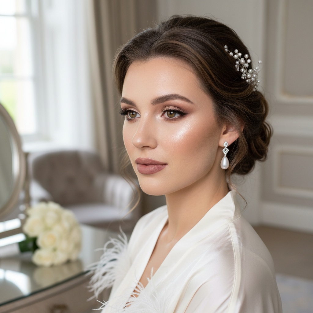 Elegant and sophisticated bridal makeup feature image with a luxury bride, flawless skin, soft natural lighting, delicate makeup details, and a refined, upscale atmosphere
