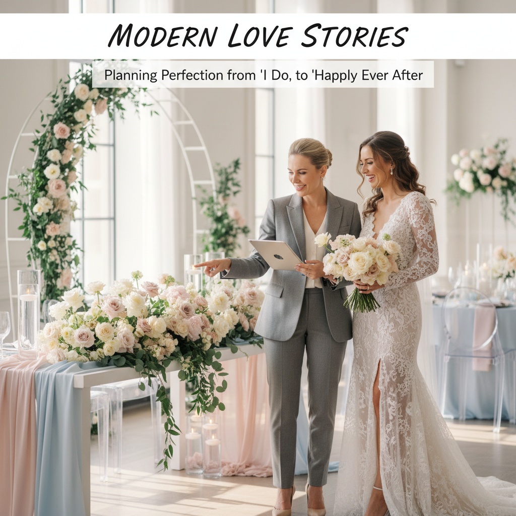 Joyful bride and professional wedding planner standing together in a sunlit, elegantly decorated wedding venue. The planner holds a tablet and gestures toward a floral-adorned table, while the bride smiles brightly with her bouquet. The scene conveys modern organization, celebration, and stylish wedding decor.