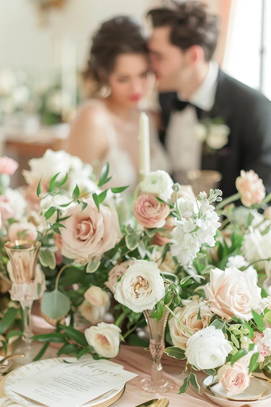 A romantic, documentary-style wedding scene set in an elegant Italian-inspired venue. The bride and groom share a candid, joyful moment surrounded by soft natural light, lush florals, and timeless d&eacute;cor. The atmosphere is luxurious and intimate, with a warm, inviting color palette&mdash;creamy whites, soft blush, and hints of gold. The image should evoke authenticity, love, and effortless sophistication, capturing both major and subtle emotional moments. The style is cinematic, with a gentle depth of field and attention to detail, reflecting the artistry and premium experience of Amore Wedding Photo and Video.