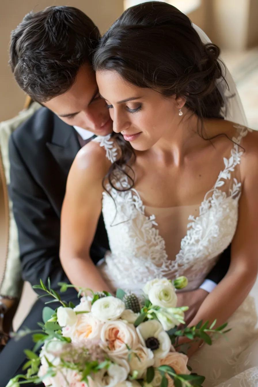 Calm getting-ready scene: couple preparing together in a softly lit room, breathing and smiling&mdash;an atmosphere of quiet support and ease.