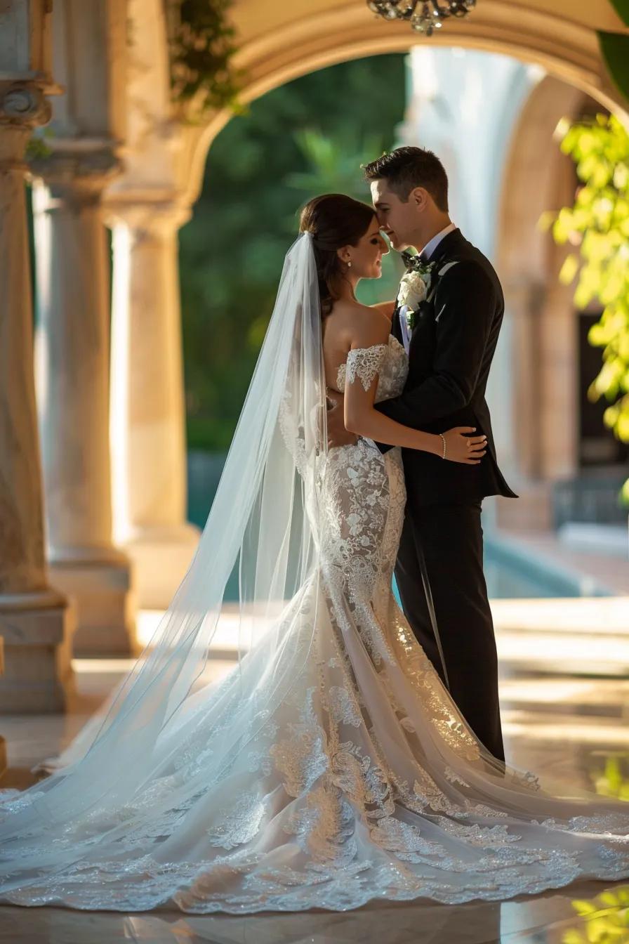elegant wedding couple posing in beautiful venue