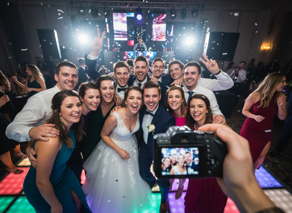 hybrid wedding photography 2026 group selfie dance floor digital