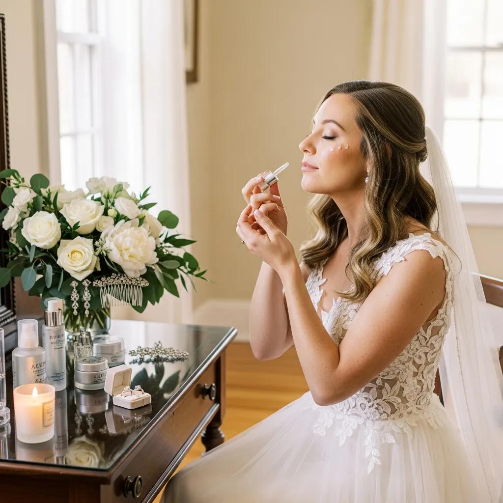 Bridal beauty preparation scene with a bride applying skincare in a decorated suite