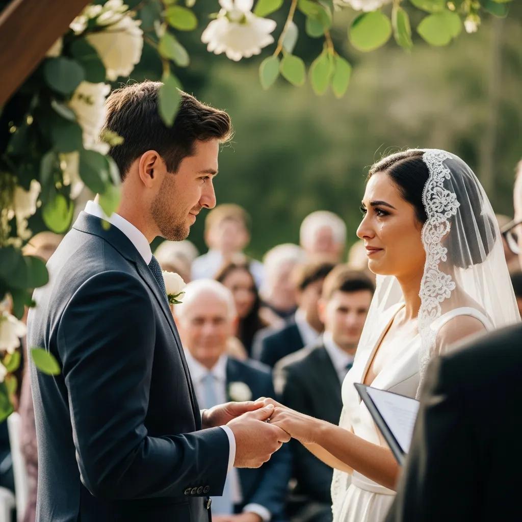 Candid moment of a couple exchanging vows during a luxury wedding ceremony, emotional expressions, surrounded by guests and floral decor, capturing authentic storytelling in wedding photography.