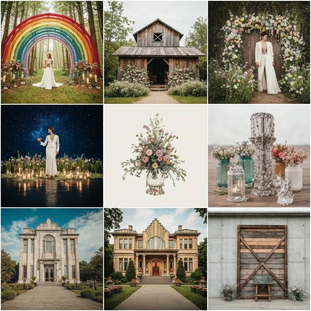 Collage of unique wedding themes for 2025 featuring diverse decor elements, including a rainbow arch, rustic barn, floral arrangements, elegant venues, and creative DIY decorations.