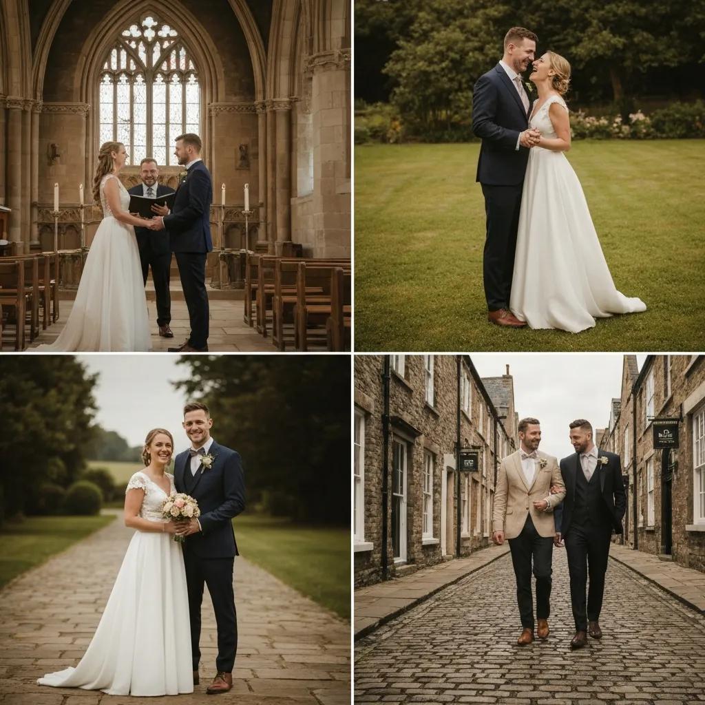 Wedding photography collage featuring a couple exchanging vows in a church, romantic outdoor portraits in a garden, and casual moments in a historic street, showcasing documentary, candid, and traditional styles relevant to York weddings.