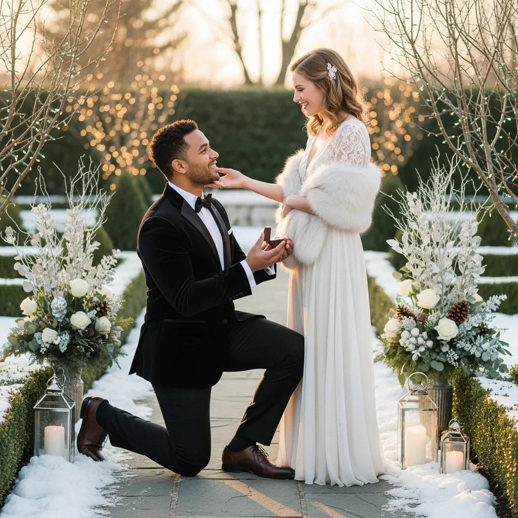 Couple celebrating engagement in a luxurious outdoor setting with festive decorations