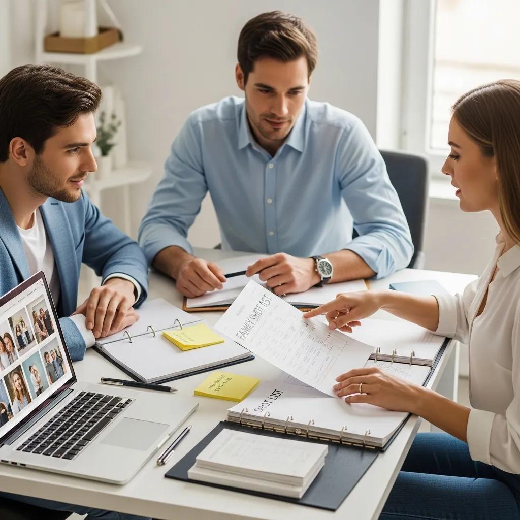 Couple discussing family photo shot list with wedding planner in a cozy planning setting