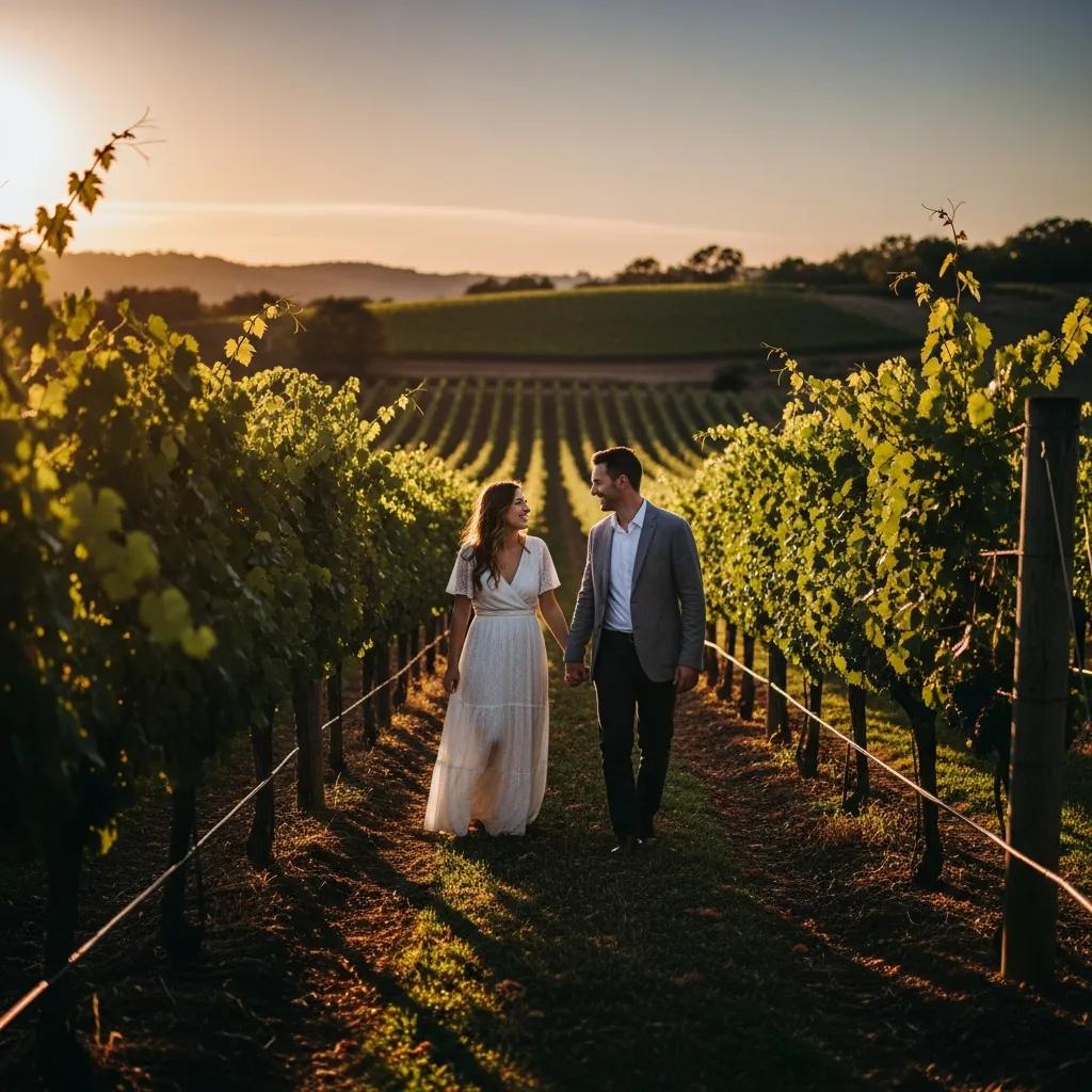 Couple enjoying a romantic engagement photoshoot in a vineyard during golden hour