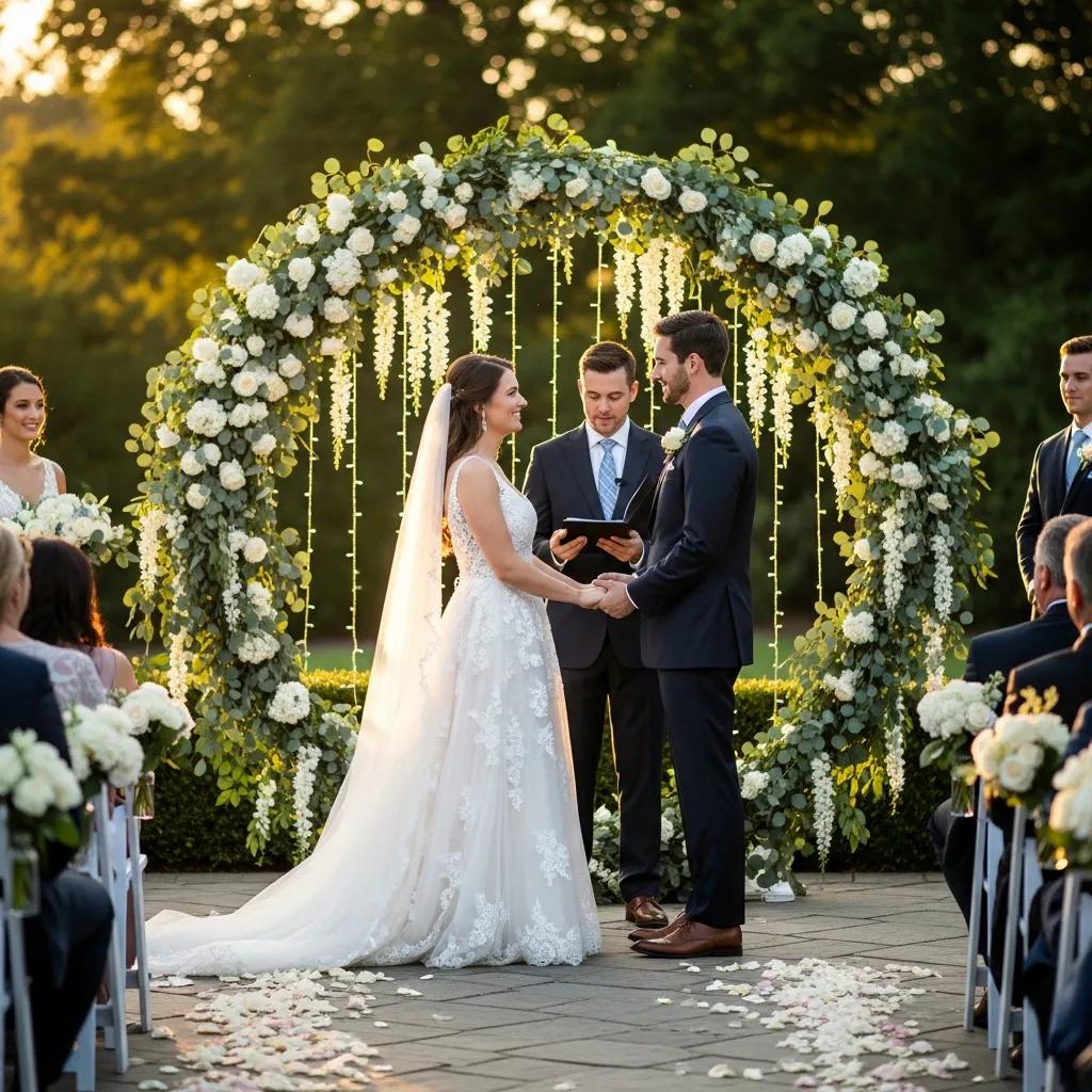 Couple exchanging vows under a floral arch in a romantic outdoor wedding setting, surrounded by guests and a wedding officiant, capturing a moment of commitment and celebration.