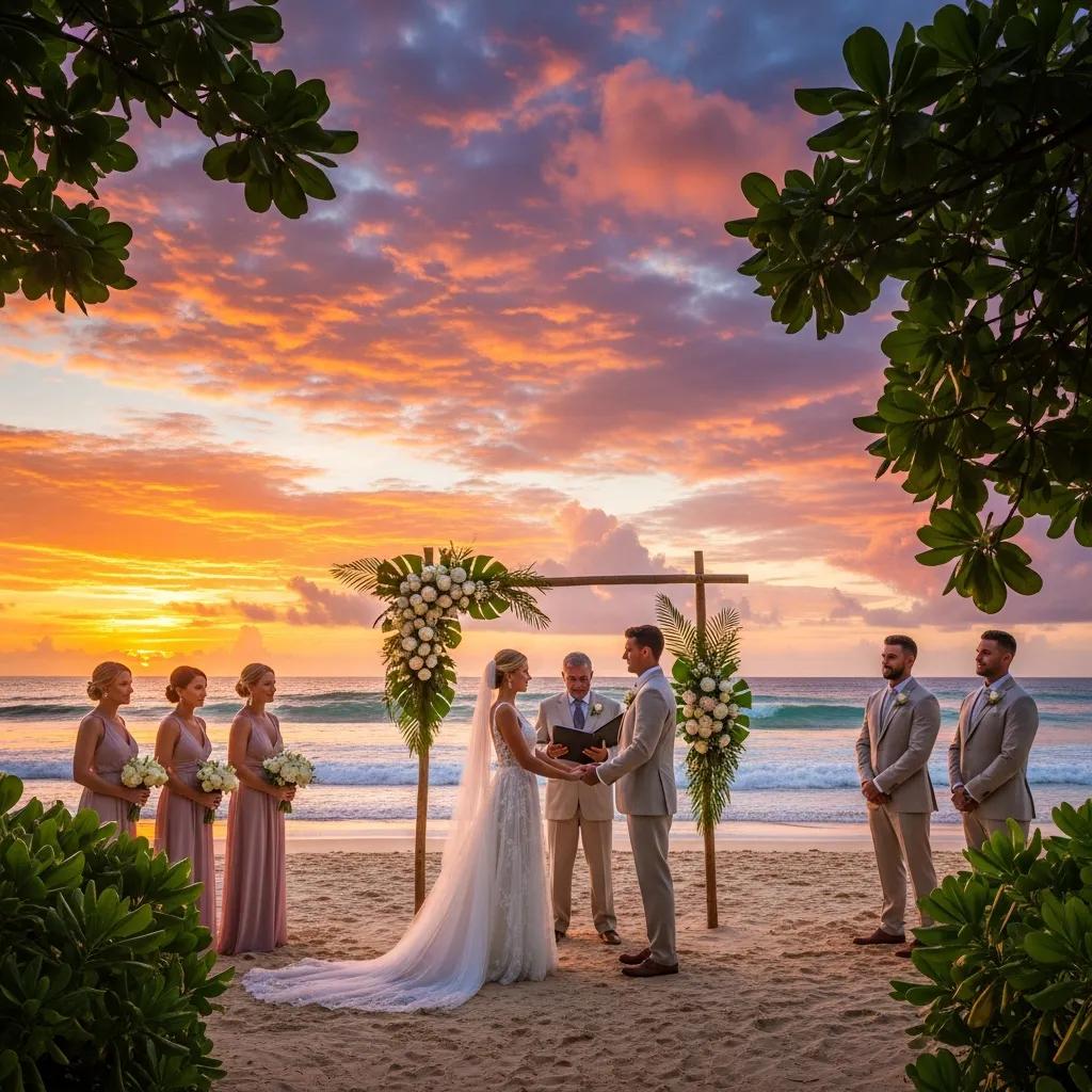 Couple exchanging vows on a beach at sunset, capturing the essence of a luxury destination wedding