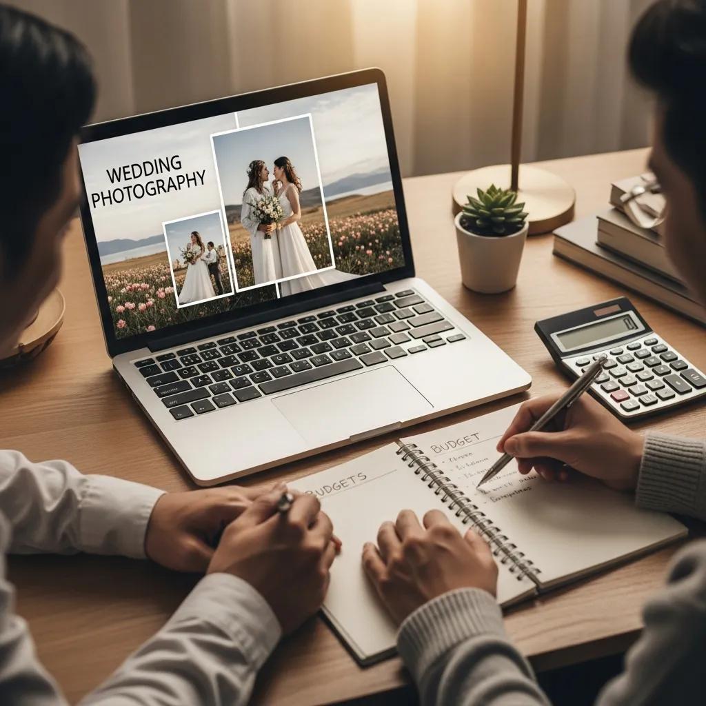 Couple planning their wedding budget with a laptop and notepad