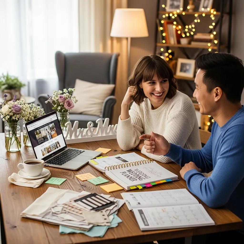 Couple planning their wedding together at home, surrounded by notes and a laptop — excited collaboration