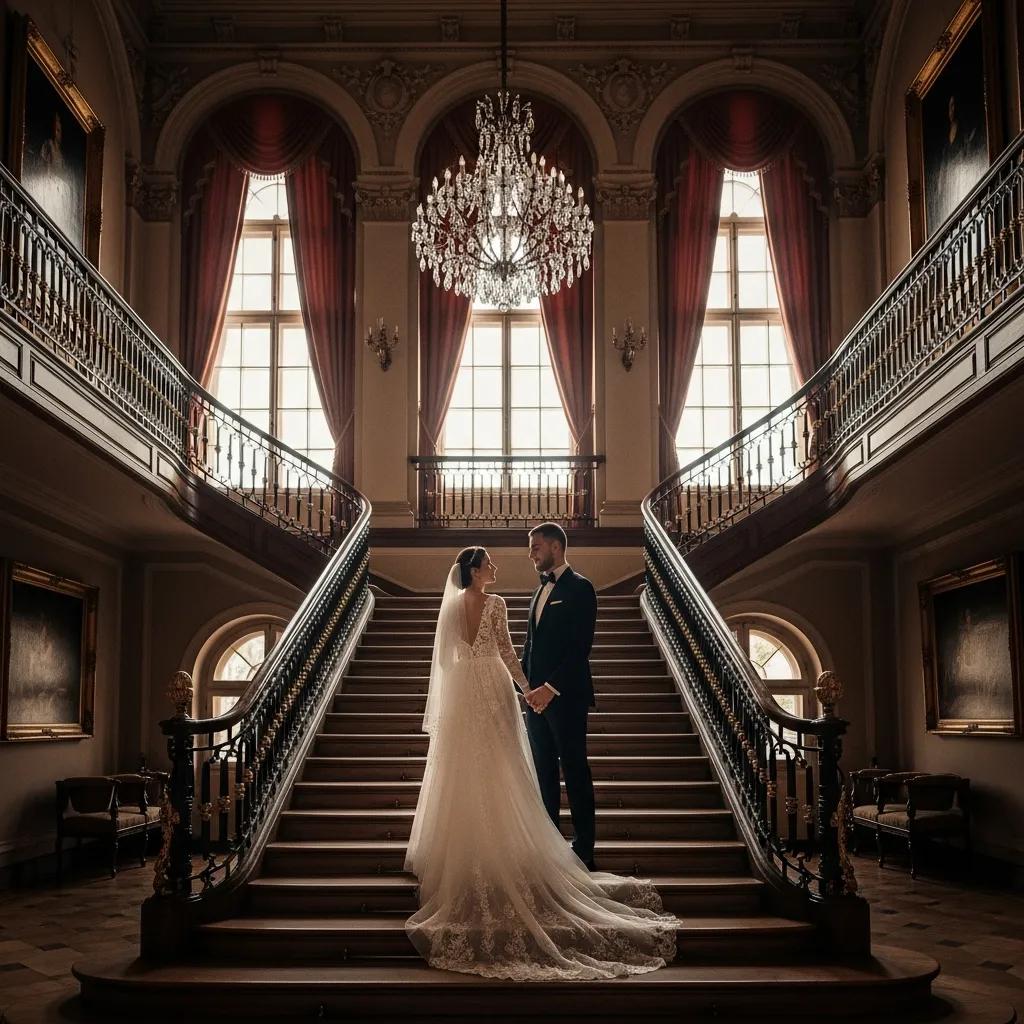 Couple posed on a grand staircase at a historic wedding venue
