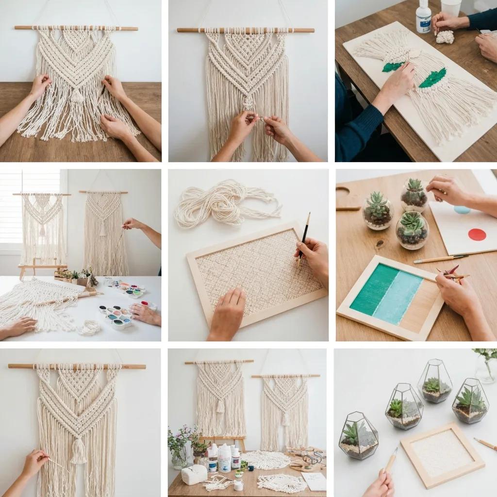 Hands crafting macram&eacute; wall hangings and DIY decorations, featuring natural materials and artistic processes, suitable for personalized wedding d&eacute;cor.