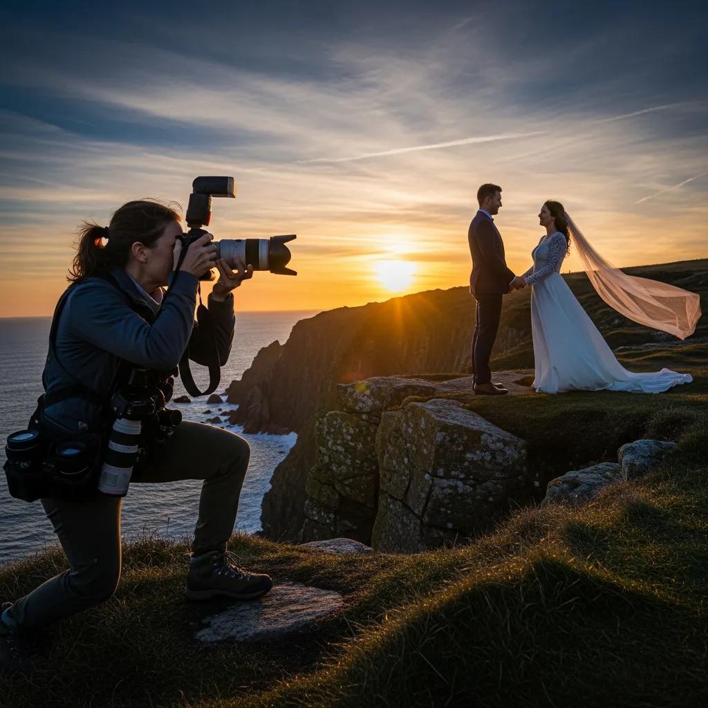 Destination wedding photographer capturing a couple at sunset on a cliff
