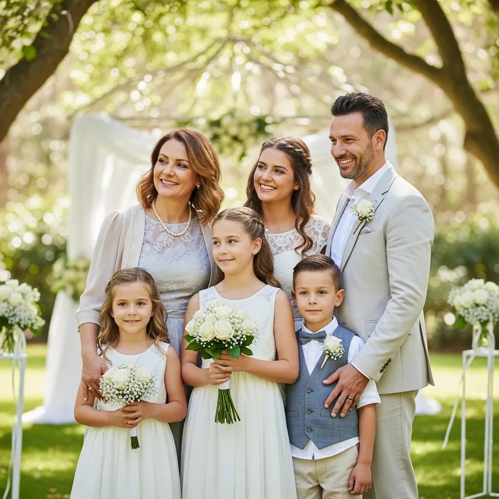 Divorced parents posing harmoniously with their children in a serene outdoor setting