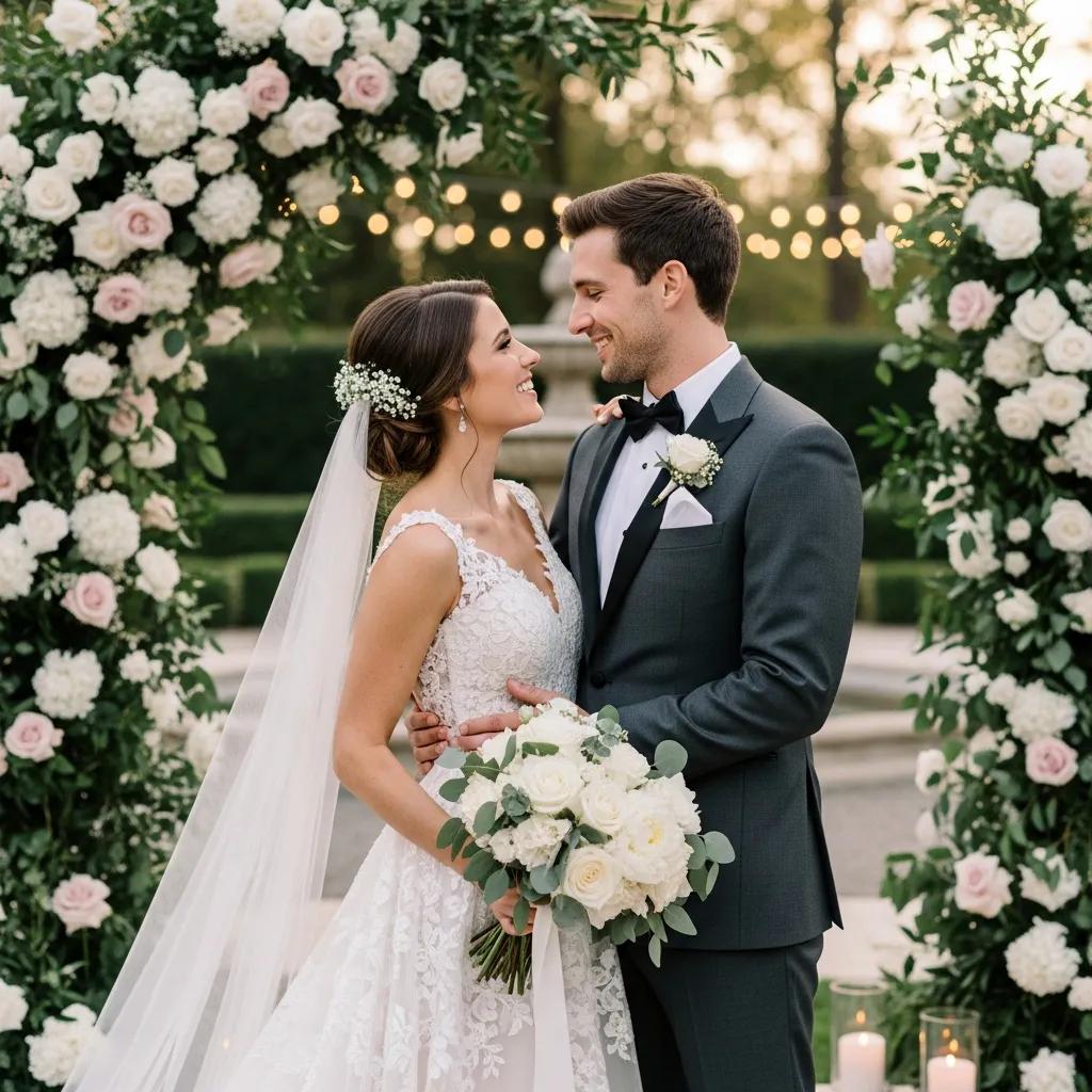 Elegant couple in a luxurious wedding setting with floral arrangements