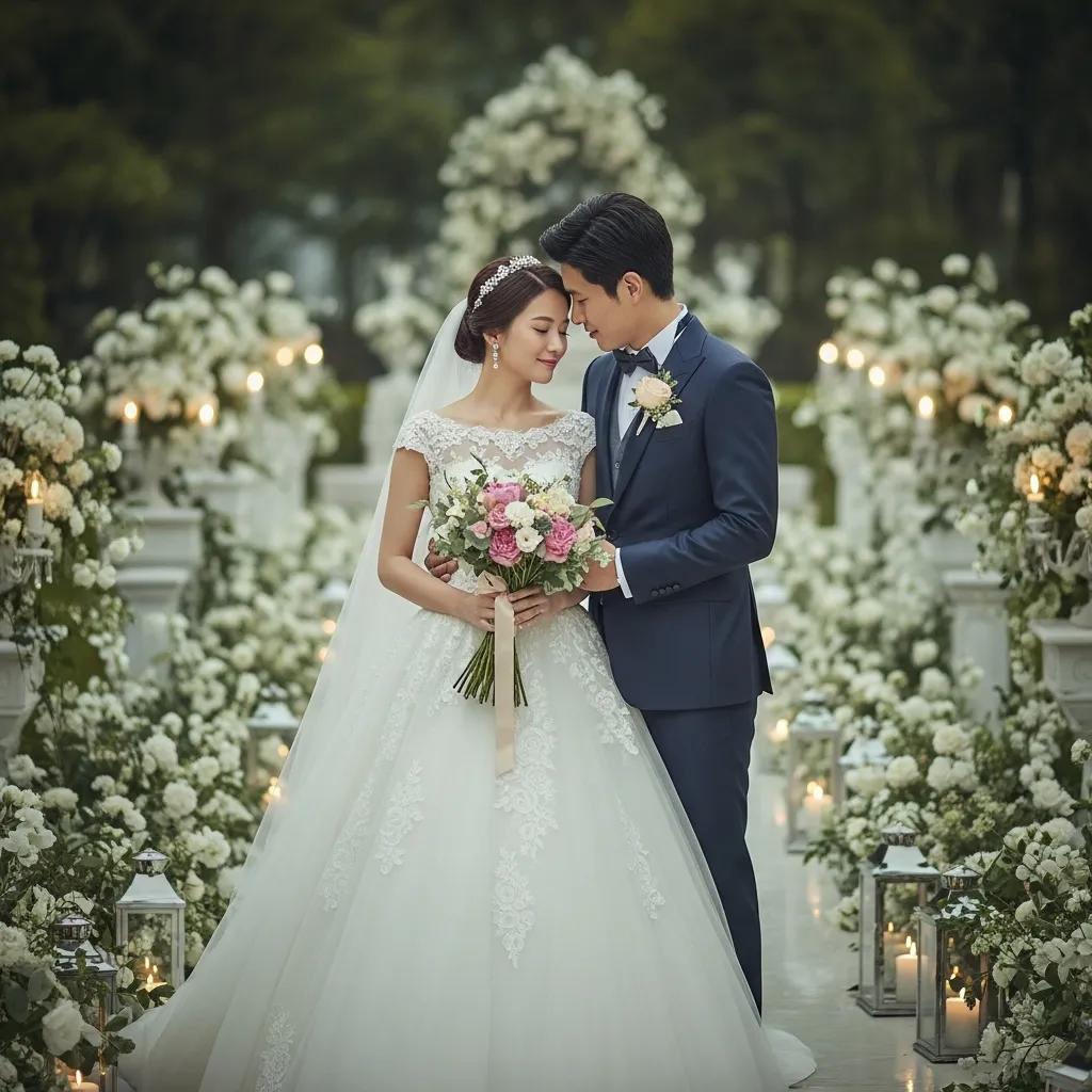 Elegant outdoor wedding scene with a couple in luxurious attire, emphasizing the value of luxury wedding photography