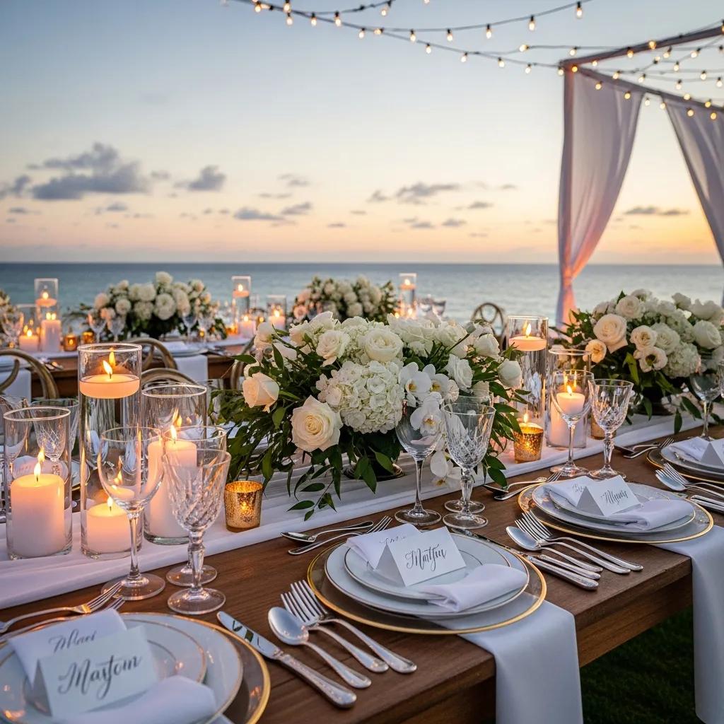 Elegant table setting for a luxury destination wedding with floral arrangements