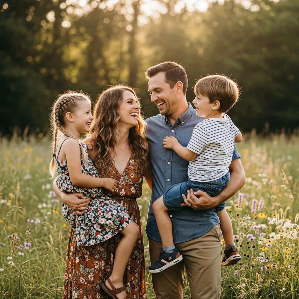 Family enjoying outdoor portrait session, showcasing warmth and connection in a natural setting, ideal for capturing personal and family memories.