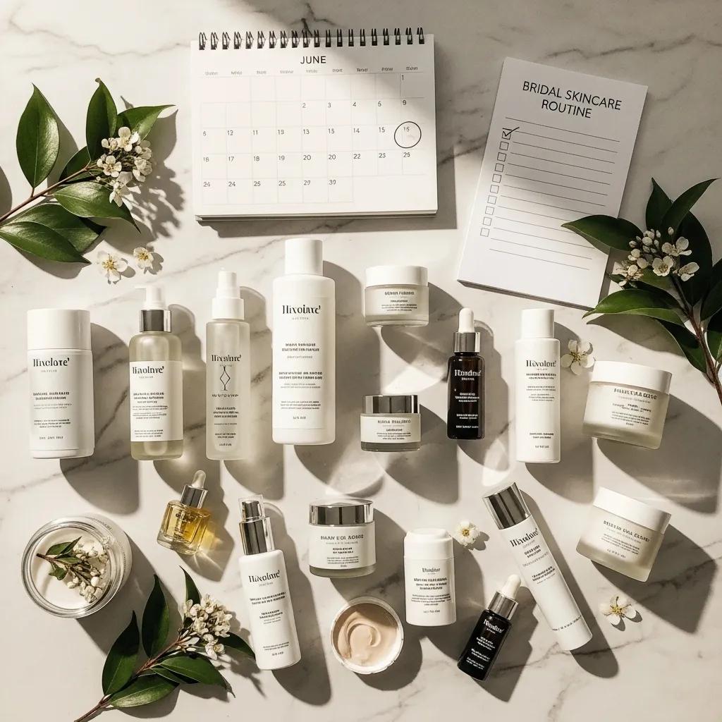 Flat lay of bridal skincare products and a calendar for a 12-month skincare plan