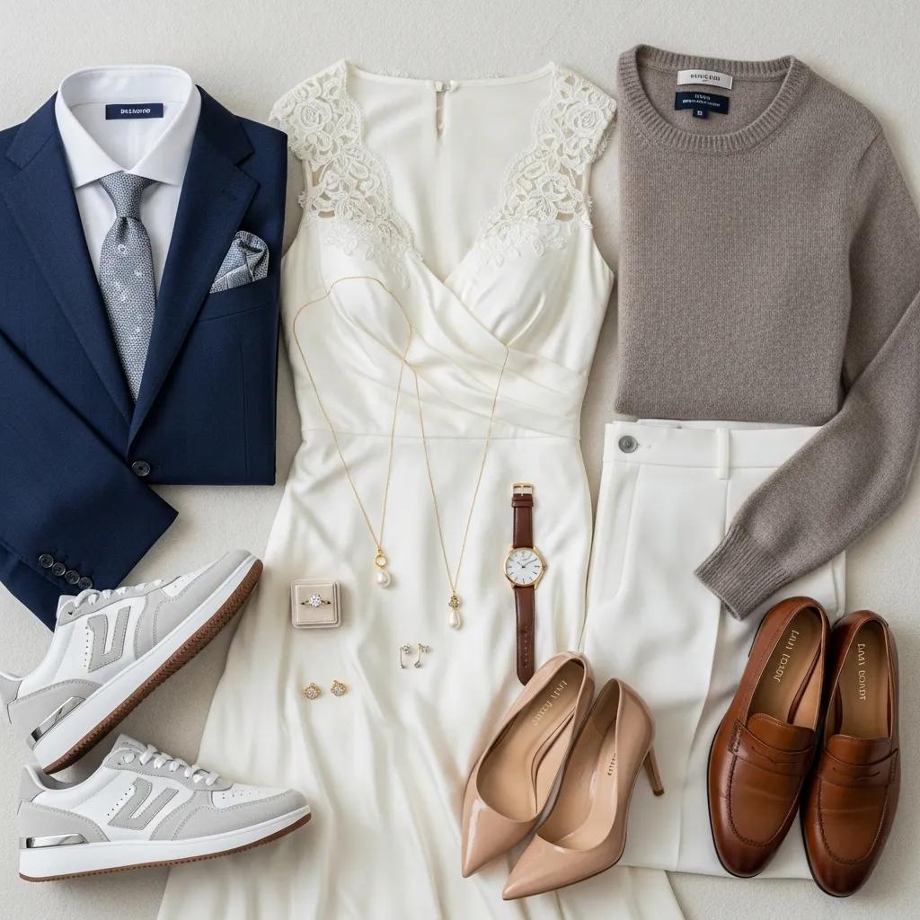 Flat lay of luxury engagement outfits and accessories for a stylish photoshoot