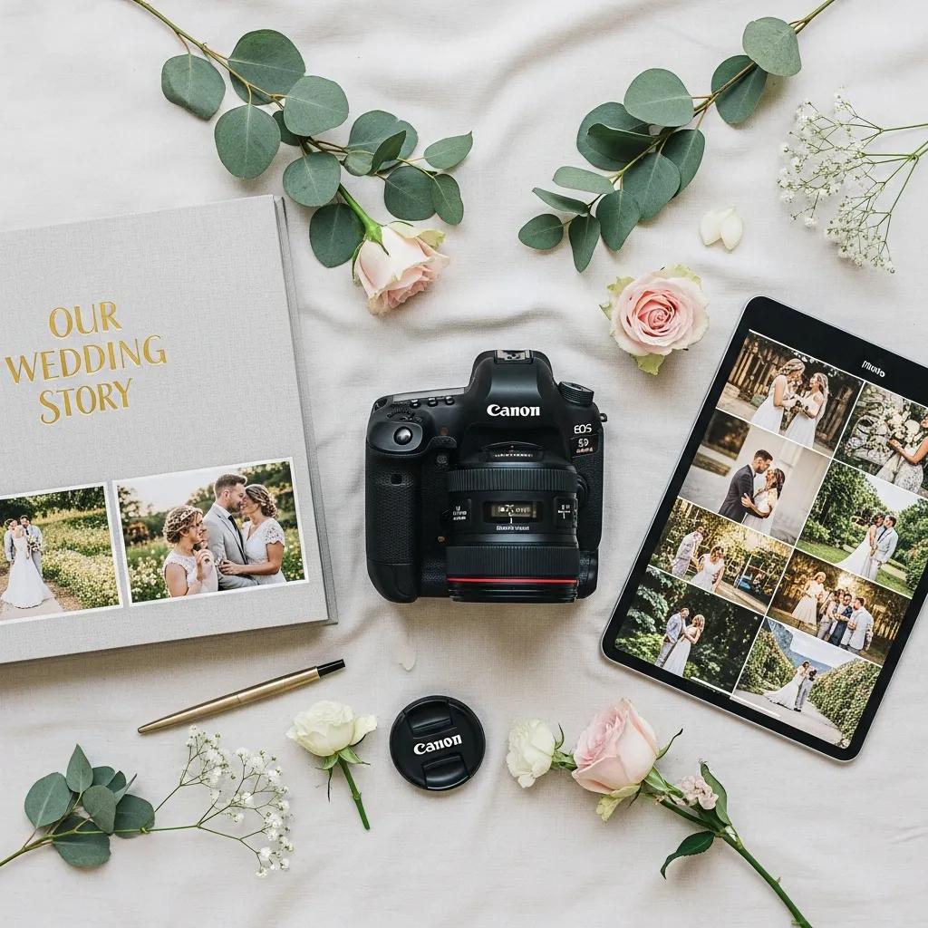 Flat lay of luxury wedding photography inclusions: camera, album, and digital gallery
