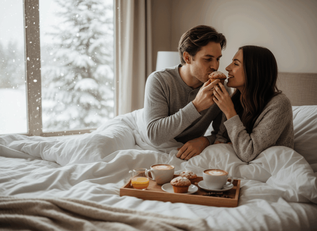 Romantic couple sharing cranberry muffins in bed, cozy winter morning with snow outside.