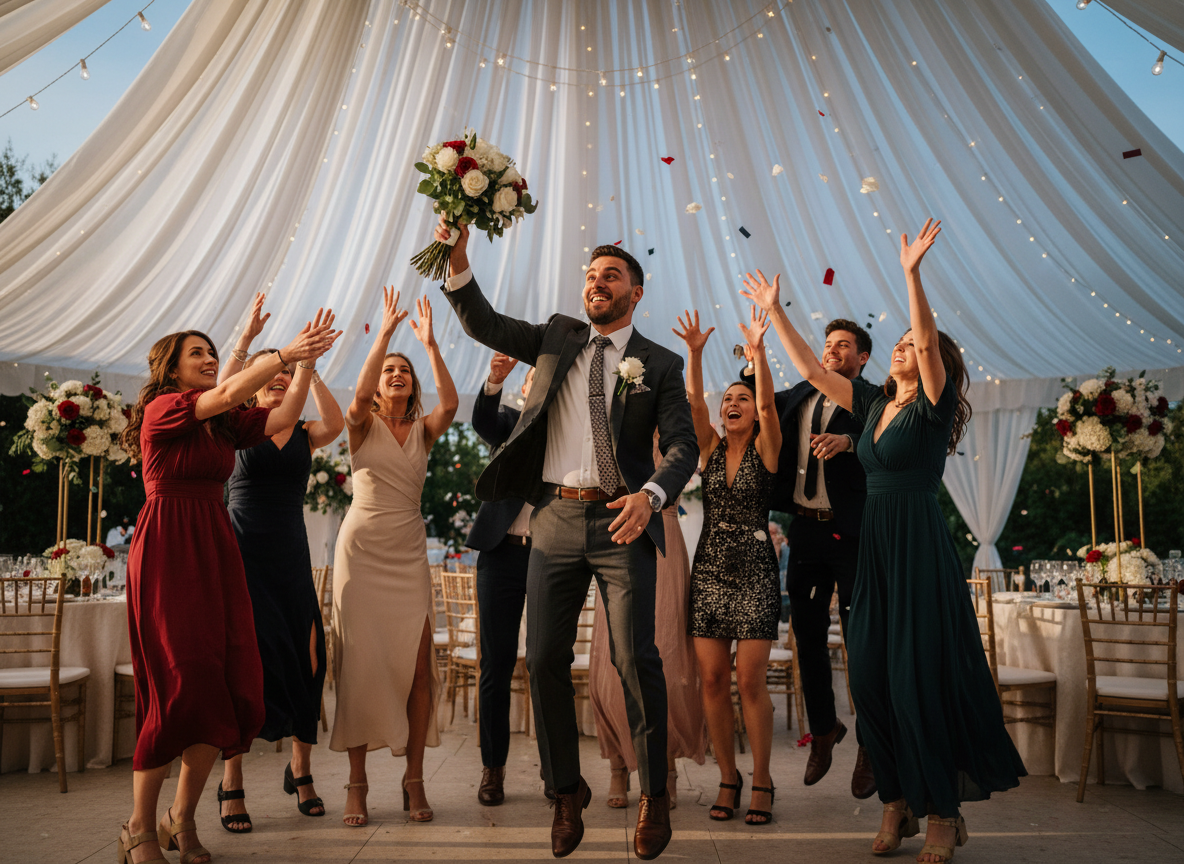 hybrid wedding photography 2026 digital action groom bouquet toss