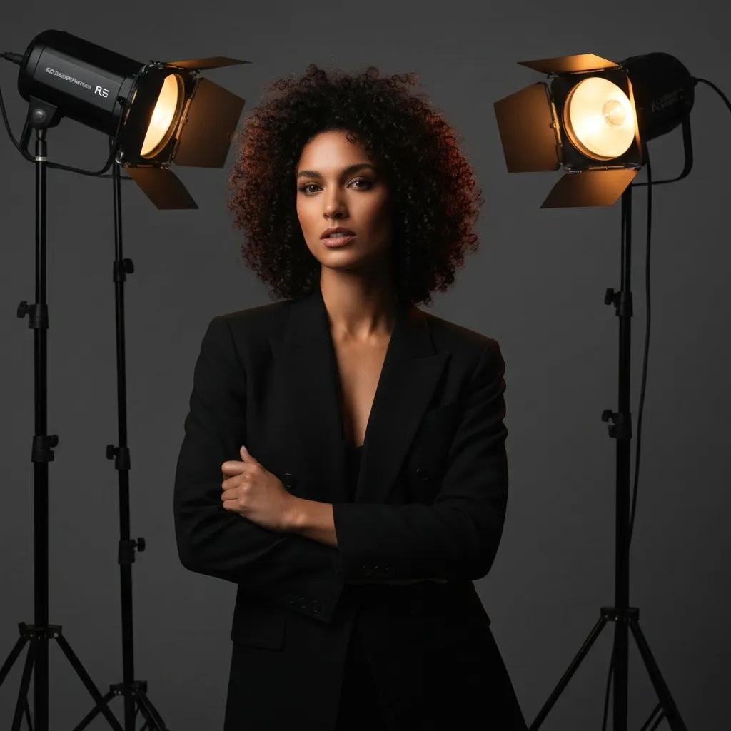 Model posing confidently in a black blazer, illuminated by two studio lights, showcasing professional portrait photography techniques.
