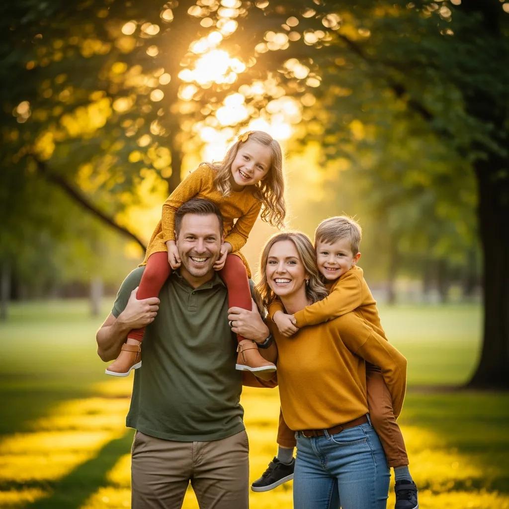 Joyful family portrait during golden hour, featuring parents with children on their shoulders, wearing coordinated warm-toned outfits in a picturesque park setting, capturing authentic family moments.
