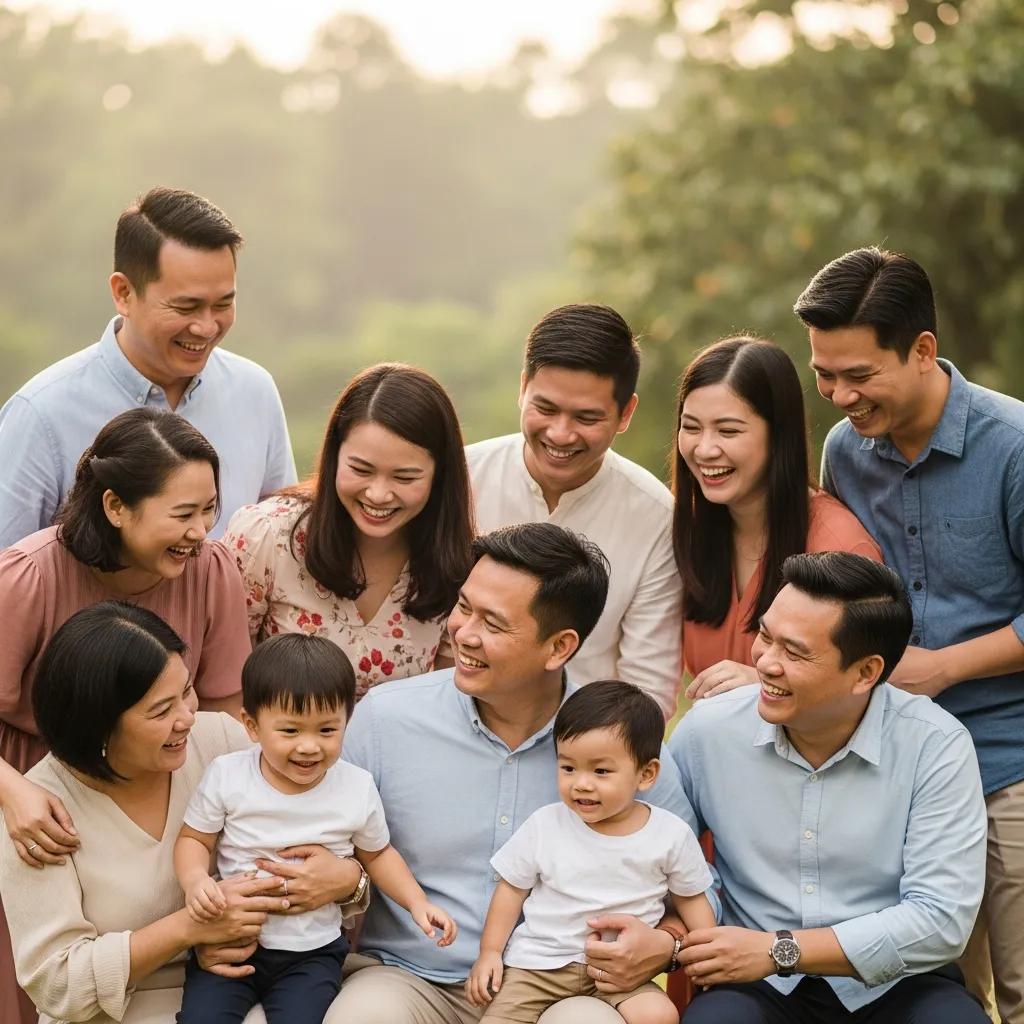 Joyful wedding family portrait session outdoors with diverse family members smiling and interacting