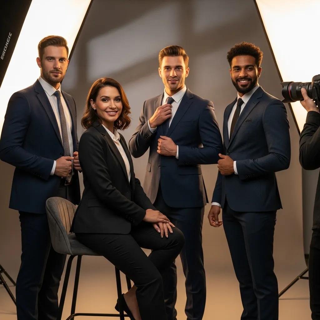 Diverse professionals in tailored suits posing for luxury corporate headshots in a studio setting, showcasing expert lighting and composition.