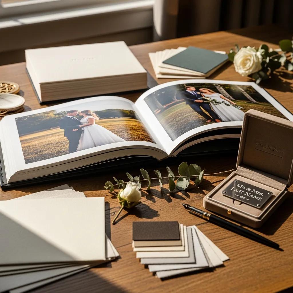 Luxurious heirloom wedding album open on a table, showcasing customization options and quality materials
