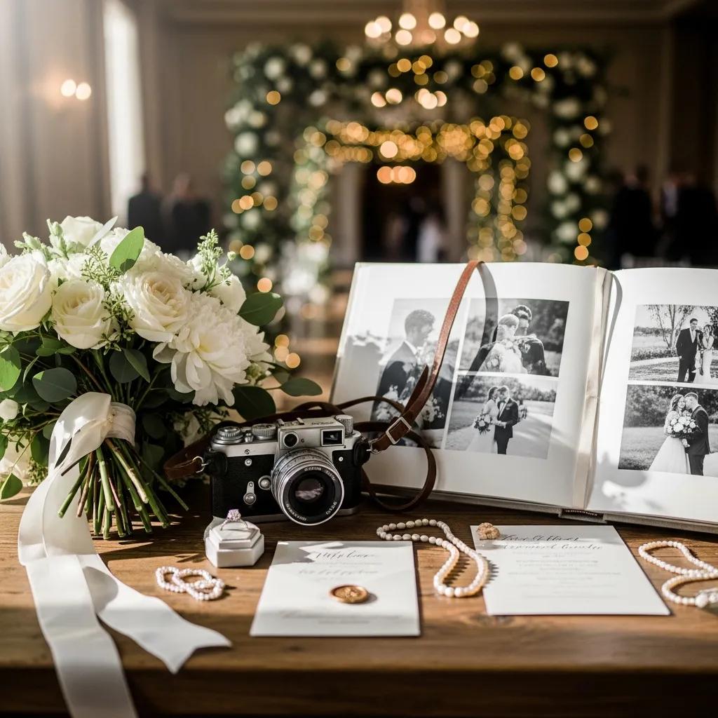 Luxury wedding photography setup with camera, bouquet, and album on a rustic table