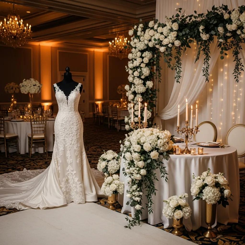 Luxury wedding setup with elegant floral decorations and a wedding dress, embodying the essence of a seamless celebration