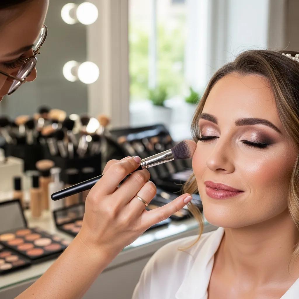 Makeup artist applying makeup to a bride for a flawless wedding day look