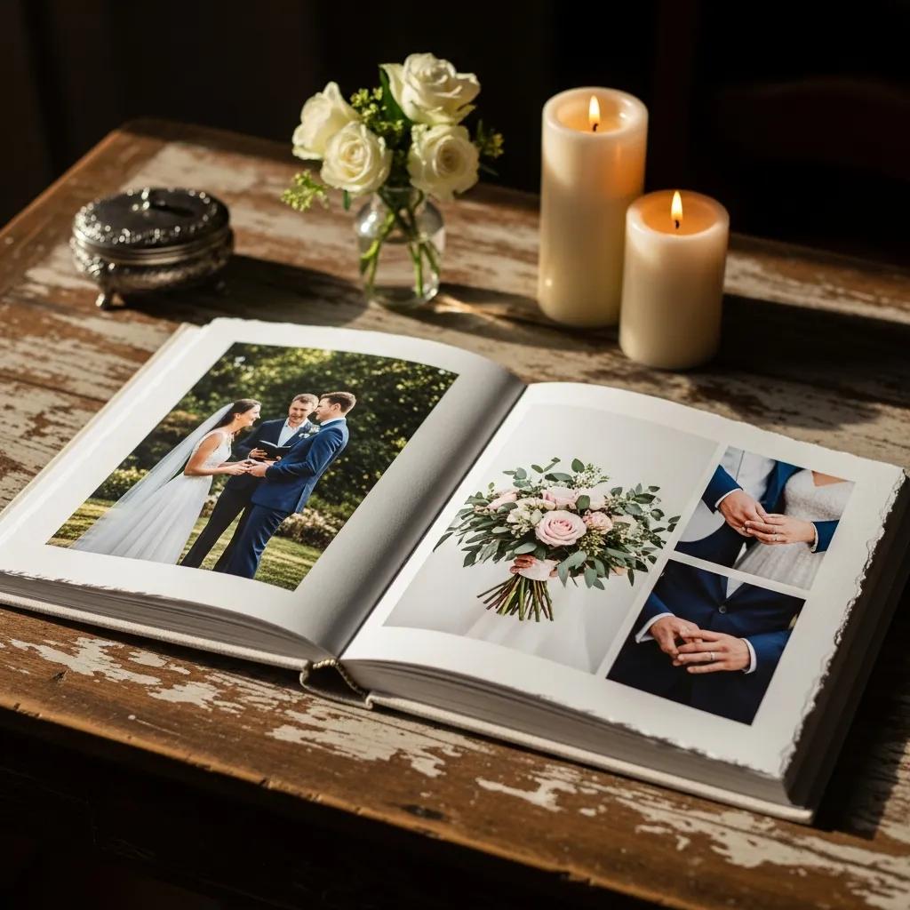 Open heirloom wedding album showcasing high-quality prints, emphasizing the value of preserving wedding memories
